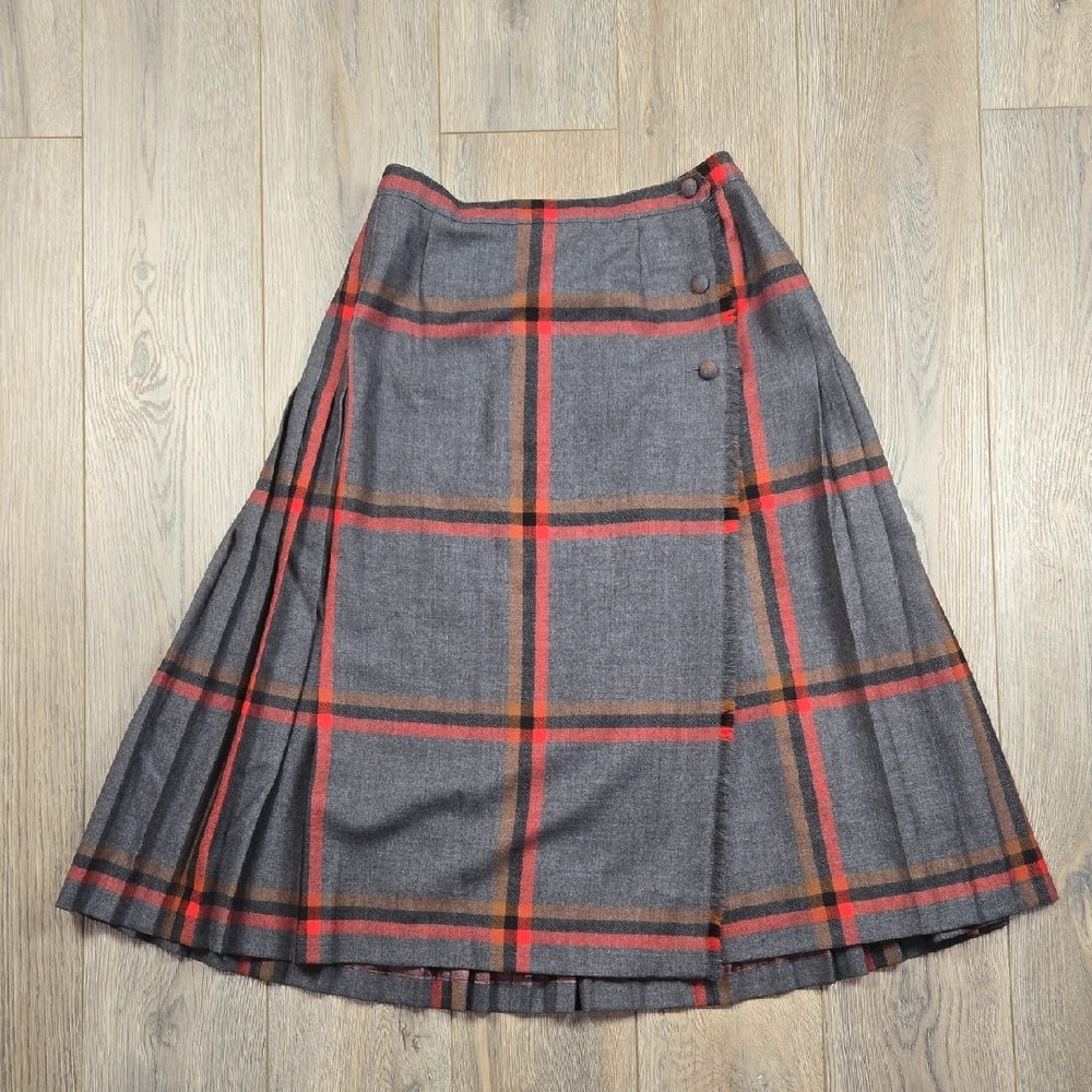 Aljean Petite Grey Red Plaid Tartan Midi Skirt Kilt Pleated Wool, 28" Waist